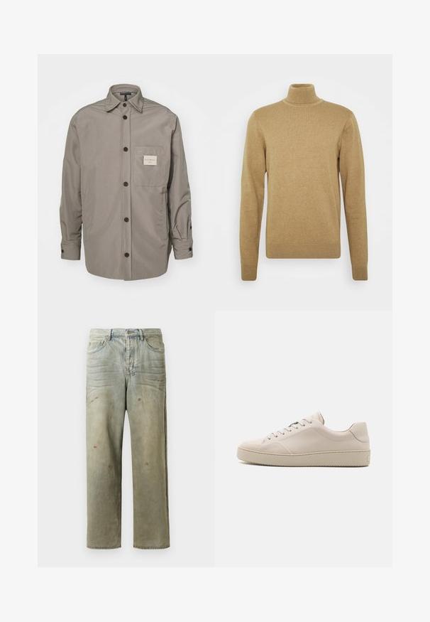 Barna alapon készült, puha kötöttanyagú garbó pulóver. Hosszú ujjakkal és testhezálló fazonnal rendelkezik. Szegett szegély és gallér díszítéssel.; Szürke, gombos dzseki sima anyagból; mellzsebében címkével rendelkezik, hosszú ujja van, és klasszikus gallérdizájn jellemzi.; Fakó zöld, kopott farmerszadrág, egyenes lábbal, ötk zsebes kialakítással, egyenetlen kopással és festékcseppekkel.; Beige bőr sportcipők sima felülettel, kerek orral, lapos talppal és klasszikus fűzős dizájnnal. Diszkrét varrások és strukturált talp.