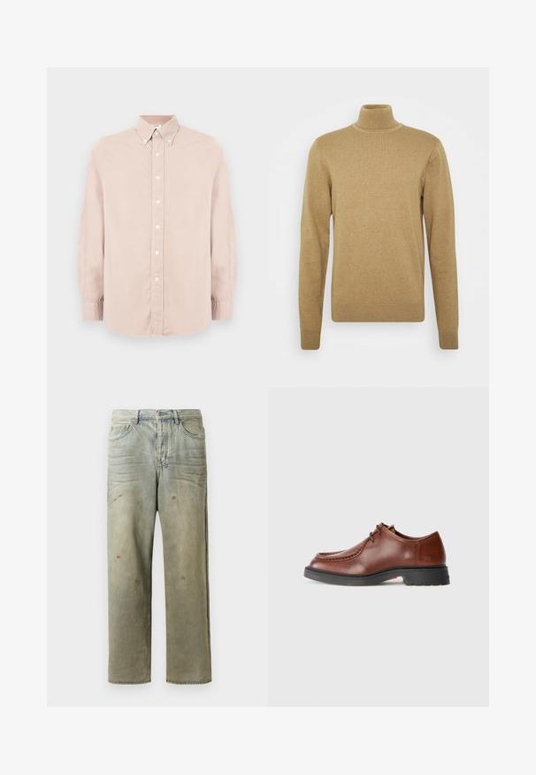 Beiger Rollkragenpullover aus weichem Strickstoff. Mit langen Ärmeln und taillierter Passform. Gerippter Saum und Kragenakzente.; Helles rosa Hemd mit Knopfleiste und langen Ärmeln, kragenlosem Ausschnitt und weißen Knöpfen. Aus glattem Stoff gefertigt mit regular Fit.; Distressed Denim-Jeans in Hellgrün, mit geradem Bein, Fünf-Taschen-Design und ungleichmäßiger Ausbleichung sowie Farbspritzern.; Braune Lederdressschuhe mit abgerundetem Zehenbereich, kontrastierendem Stich, Schnürdesign und einer strukturierten schwarzen Gummisohle.
