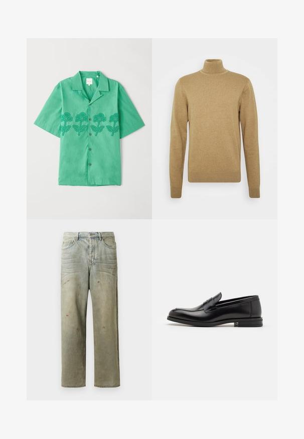 Beige turtleneck sweater made of soft knit fabric. Features long sleeves and a fitted design. Ribbed hem and collar accents.; Short-sleeve green shirt made of soft fabric, featuring floral embroidery in dark green across the front, button closure, and classic collar.; Distressed denim jeans in light green, featuring a straight leg, five-pocket design, and uneven fading with paint splatters.; Black leather loafers with a smooth texture, rounded toe, and a decorative strap across the vamp. Low stacked heel, minimalist design.