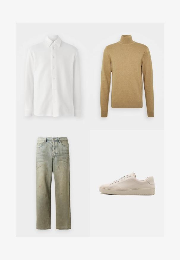 Beige turtleneck sweater lavet af blødt strikstof. Har lange ærmer og en tætsiddende pasform. Ribbet kant og krave. ; Hvid skjorte med knaplukning lavet af tekstureret stof. Har en klassisk krave, lange ærmer og seks knapper foran. Blødt, let design.; Slidte denimjeans i lysegrøn med lige ben, femlommerdesign og ujævn falming med malersplatter.; Beige lædersneakers med en glat finish, rund tå, flad sål og klassisk snøredesign. Subtile syninger og struktureret ydersål.