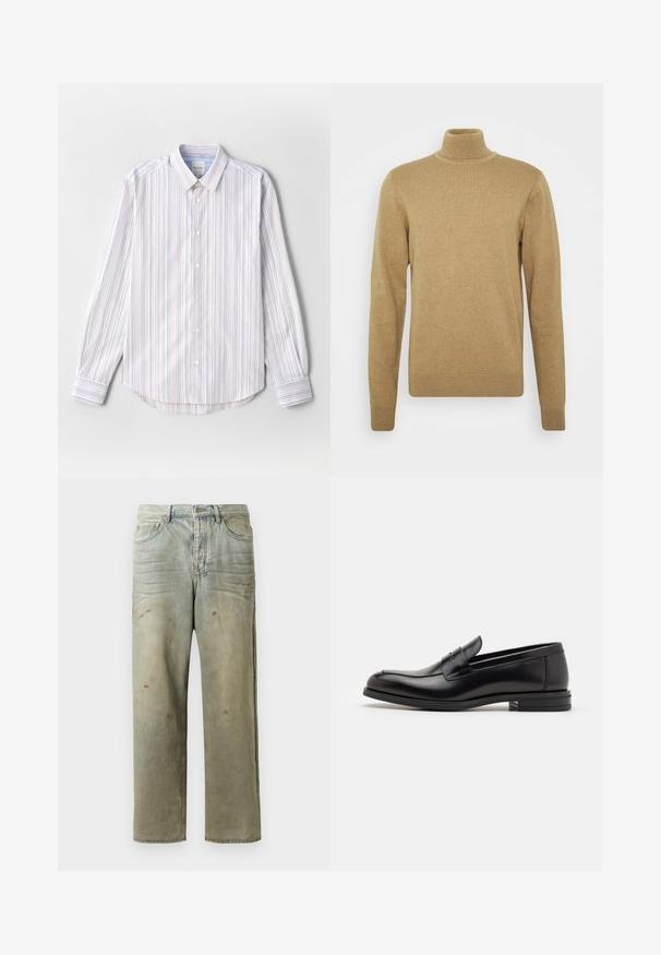 Maglione a collo alto beige realizzato in morbido tessuto knit. Presenta maniche lunghe e una vestibilità aderente. Dettagli a coste su orlo e colletto.; Camicia leggera a maniche lunghe con bottoni, a righe verticali in bianco, blu e rosso. Presenta un colletto classico e un orlo arrotondato.; Jeans in denim strappato di colore verde chiaro, con gamba dritta, design a cinque tasche, sbiaditure irregolari e schizzi di vernice.; Mocassini neri in pelle con una texture liscia, punta arrotondata e una striscia decorativa sulla tomaia. Tacco basso impilato, design minimalista.