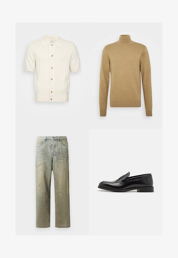 Beige kõrge kaelusega sveter, mis on valmistatud pehmest kudumisest. Omab pikki varrukaid ja istuvat lõiget. Ribitud äärise ja kaeluse aktsendid.; Lühikeste varrukate ja kreemika varjundiga kardigan, millel on kootud tekstuur, viie nööbiga kinnitus ja terava kraega. Materjal näeb välja pehme ja sile.; Karmiinroheline kulunud denim teksapüksid, millel on sirge jalg, viie taskuga disain ning ebaühtlane pleekimine koos värvikrõpsudega.; Mustad mustad nahast loafers sileda tekstuuriga, ümarat ninaosa ja dekoratiivne riba vampi üle. Madal kihiline konts, minimalistlik disain.