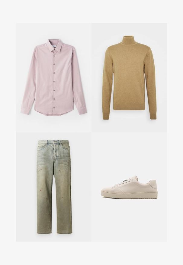 Maglione a collo alto beige realizzato in morbido tessuto knit. Presenta maniche lunghe e una vestibilità aderente. Dettagli a coste su orlo e colletto.; Camicia rosa chiaro a maniche lunghe realizzata in tessuto morbido. Presenta un colletto con bottoni e sette bottoni frontali con accenti in argento. Orlo arrotondato.; Jeans in denim strappato di colore verde chiaro, con gamba dritta, design a cinque tasche, sbiaditure irregolari e schizzi di vernice.; Sneakers in pelle beige con una finitura liscia, punta rotonda, suola piatta e design classico con lacci. Dettagli di cucitura discreta e suola testurizzata.