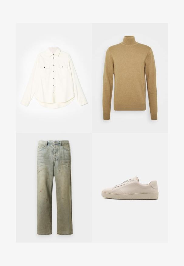 pull à col roulé beige en tissu tricoté doux. Doté de manches longues et d'une coupe ajustée. Accents côtelés au niveau de l'ourlet et du col.; Chemise blanche à boutons, à manches longues, avec deux poches poitrine, boutons noirs et ourlet arrondi. Fabriquée dans un tissu doux et texturé.; Jeans en denim déchiré de couleur vert clair, avec une coupe droite, un design à cinq poches et un délavage inégal agrémenté de taches de peinture.; Baskets en cuir beige avec une finition lisse, bout rond, semelle plate et design classique à lacets. Des accents de couture subtils et une semelle extérieure texturée.
