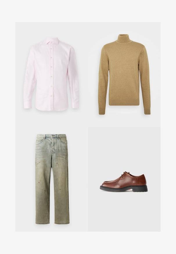 Bežinė storo audinio megztinė su aukštu kaklu. Turi ilgomis rankovėmis ir prigludusį dizainą. Raukšlėtas apykaklė ir apačia.; Rožinė ilgomis rankovėmis marškinėlių pagamintos iš lygios medžiagos; turi mygtukų užsegimą priekyje su baltais mygtukais ir klasikinį apykaklę.; Šviesiai žaliai nuvarytos džinsinės kelnes, su tiesiomis kojomis, penkių kišenių dizainu, nelygiai blukščiantis ir su dažų lašeliais.; Rudos oda elegantiški batai su apvaliu pirštu, kontrastinga siūlės, su raišteliais ir tekstūruotu juodu guminiais padu.