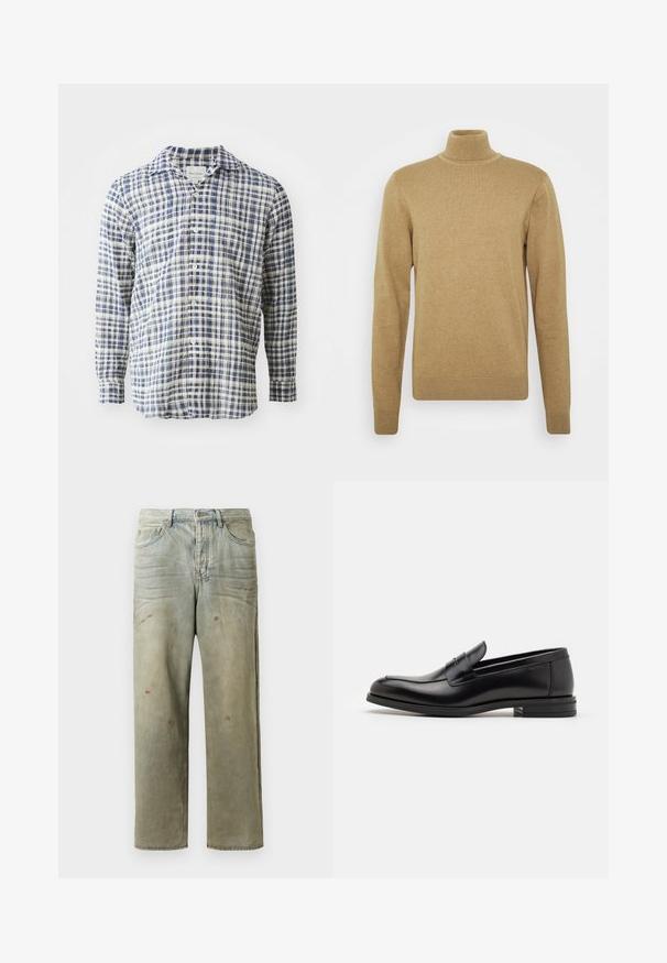 Beiger Rollkragenpullover aus weichem Strickstoff. Mit langen Ärmeln und taillierter Passform. Gerippter Saum und Kragenakzente.; Langärmliges Hemd mit blau-weißem Karomuster aus leichtem Stoff, mit Knopfleiste vorne und klassischem Kragen.; Distressed Denim-Jeans in Hellgrün, mit geradem Bein, Fünf-Taschen-Design und ungleichmäßiger Ausbleichung sowie Farbspritzern.; Schwarze Lederloafers mit glatter Textur, rundem Zehenbereich und einem dekorativen Riemen über dem Vorderfuß. Niedriger, gestapelter Absatz, minimalistisches Design.