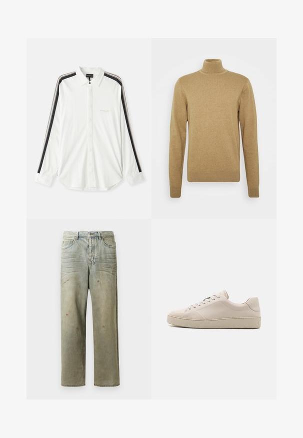 Béžový rolák vyrobený z mäkkej pleteniny. Má dlhé rukávy a priliehavý strih. Hranatý lem a akcenty na golieri sú ribbované.; Biela košeľa na gombíky s čierno-bežovými pruhmi na rukávoch, špicatý golier a vyšívané logo značky na hrudi.; Zničené džínsy vo svetlozelenej farbe s rovnými nohavicami, piatimi vreckami a nerovnomerným vyblednutím so škvrnami od farby.; Béžové kožené tenisky so hladkým povrchom, okrúhlou špičkou, plochou podrážkou a klasickým šnurovaním. Jemné akcenty z prešívania a textúrovaná podrážka.