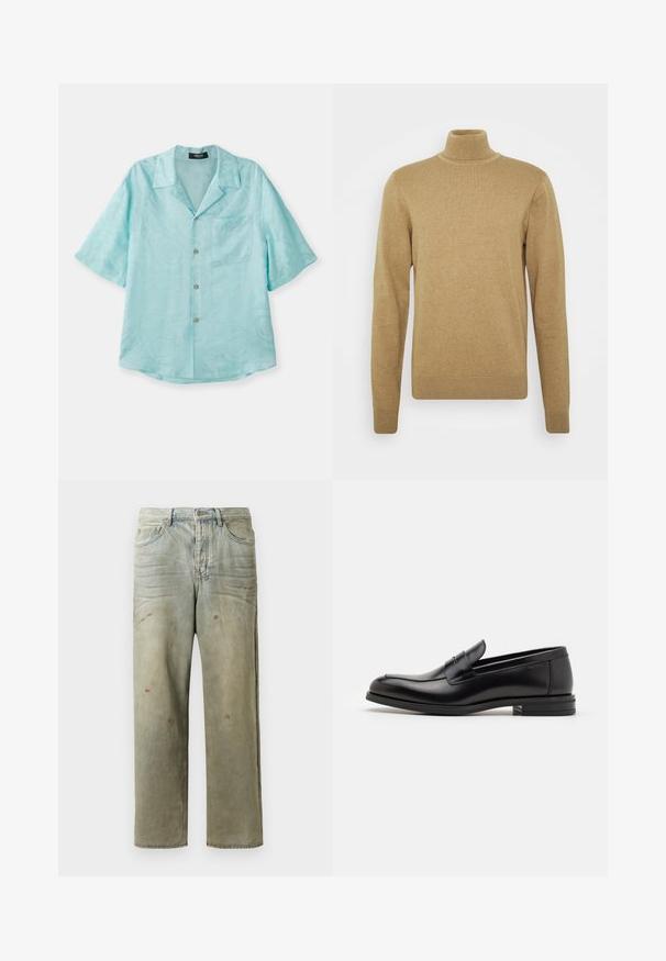 Maglione a collo alto beige realizzato in morbido tessuto knit. Presenta maniche lunghe e una vestibilità aderente. Dettagli a coste su orlo e colletto.; Una camicia azzurro chiaro a maniche corte, realizzata in un tessuto liscio, con colletto aperto, taschino frontale e una sottile fantasia strutturata, dotata di bottoni dorati.; Jeans in denim strappato di colore verde chiaro, con gamba dritta, design a cinque tasche, sbiaditure irregolari e schizzi di vernice.; Mocassini neri in pelle con una texture liscia, punta arrotondata e una striscia decorativa sulla tomaia. Tacco basso impilato, design minimalista.