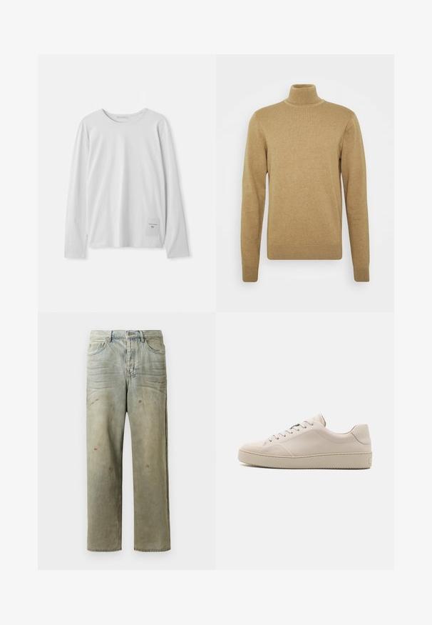 Pulover bej cu guler înalt, fabricat dintr-un material tricotat moale. Dispune de mâneci lungi și un design ajustat. Baza și gulerul ribbate adaugă accente.; Tricou alb cu mânecă lungă, fabricat din bumbac moale. Are un gât rotund și un etichetă mică cu brand în partea stângă jos.; Jeans din denim uzat, de culoare verde deschis, cu un croi drept, design cu cinci buzunare, și decolorare inegală cu stropi de vopsea.; Adidași din piele bej cu un finisaj neted, vârf rotunjit, talpă plată și un design clasic cu șireturi. Accente de cusături subtile și talpă texturată.