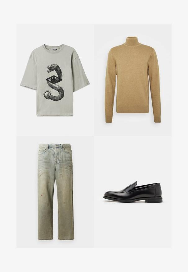 Bēšas krāsas turtlenecka džemperis, izgatavots no mīksta adīta auduma. Tam ir garas piedurknes un pieguļošs dizains. Ribota apakšmala un apkakle piesaista uzmanību.; Pelēka kokvilnas T-kreklu ar melnu grafiku, uz kuras attēlots čūskas attēls, kas savītis ap dimanta formu, ar īsām piedurknēm un apaļu kakla izgriezumu.; Izsistās džinsās gaisā zaļā krāsā, ar taisnu kāju, piecu kabatu dizainu un nevienmērīgu izbalēšanu, kā arī krāsas šļakatas.; Melnas ādas kurpes ar gludu tekstūru, noapaļu purngalu un dekoratīvu siksniņu pāri priekšpusei. Zems sakrauts papēdis, minimālisma dizains.