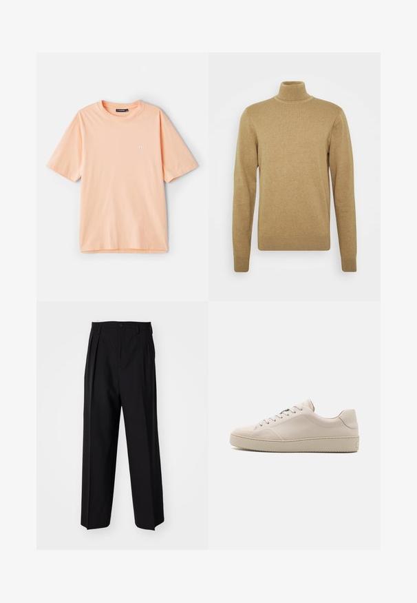Béžový rolák vyrobený z mäkkej pleteniny. Má dlhé rukávy a priliehavý strih. Hranatý lem a akcenty na golieri sú ribbované.; Krátky rukáv broskyňovej farby vyrobený z bavlny, s okrúhlym výstrihom a malým bielym logom na ľavom prsnom mieste.; Čierne skladané nohavice s rovnom, širokým strihom. Vyrobené z hladkého materiálu, s gombíkovým zapínaním a pútkami na opasok.; Béžové kožené tenisky so hladkým povrchom, okrúhlou špičkou, plochou podrážkou a klasickým šnurovaním. Jemné akcenty z prešívania a textúrovaná podrážka.