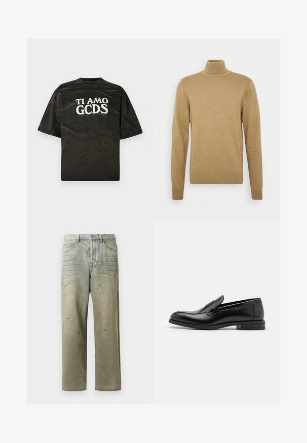 Beige turtleneck sweater lavet af blødt strikstof. Har lange ærmer og en tætsiddende pasform. Ribbet kant og krave. ; Sort T-shirt med korte ærmer og afslappet pasform, prydet med hvid grafisk tekst "TI AMO GCDS" på ryggen. Slidt tekstur.; Slidte denimjeans i lysegrøn med lige ben, femlommerdesign og ujævn falming med malersplatter.; Sorte læderloafers med en glat overflade, rund tå og en dekorativ strop over vampen. Lav hæl med stabeldesign, minimalistisk stil.