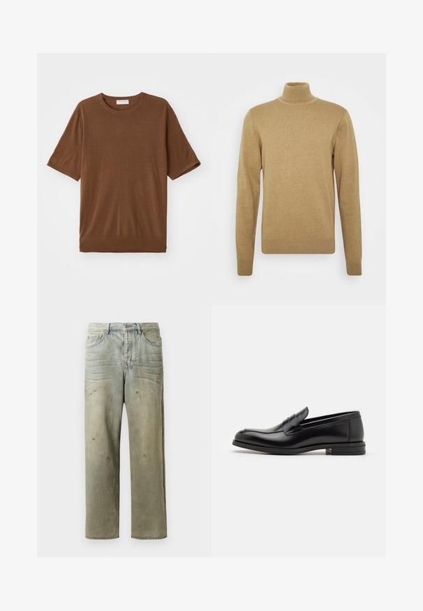 Suéter beige de cuello alto realizado en suave tejido de punto. Presenta mangas largas y un diseño ajustado. Detalles de ribete en el dobladillo y el cuello.; Camiseta corta de manga con un tono marrón, hecha de una tela suave, con un cuello redondo y un corte ligeramente holgado con un dobladillo acanalado.; Jeans de mezclilla desgastados en verde claro, con corte recto, diseño de cinco bolsillos y decoloración desigual con manchas de pintura.; Mocasines de cuero negro con una textura suave, puntera redondeada y una tira decorativa en el empeine. Tacón bajo apilado, diseño minimalista.