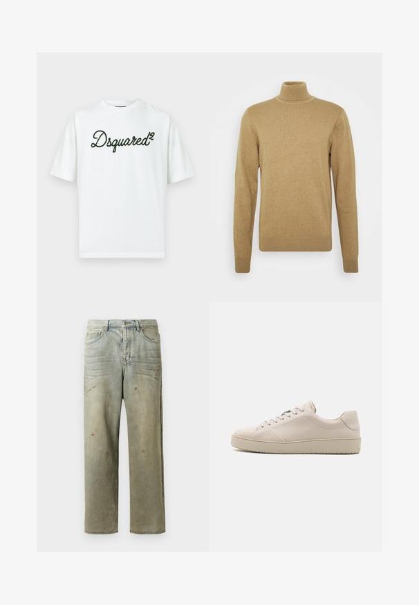Barna alapon készült, puha kötöttanyagú garbó pulóver. Hosszú ujjakkal és testhezálló fazonnal rendelkezik. Szegett szegély és gallér díszítéssel.; Fehér, rövid ujjú pamut póló, amelynek elején fekete hímzett, díszes betűtípusú "Dsquared²" logó található.; Fakó zöld, kopott farmerszadrág, egyenes lábbal, ötk zsebes kialakítással, egyenetlen kopással és festékcseppekkel.; Beige bőr sportcipők sima felülettel, kerek orral, lapos talppal és klasszikus fűzős dizájnnal. Diszkrét varrások és strukturált talp.