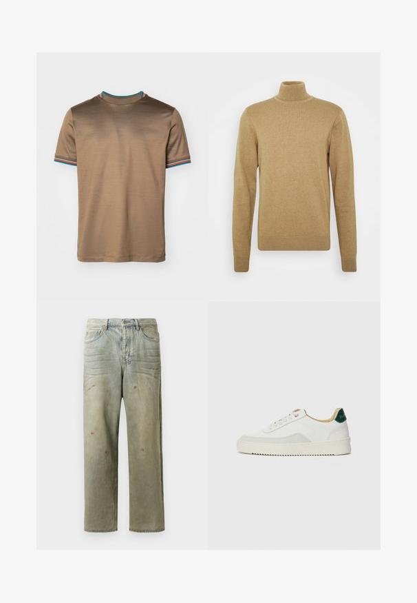 Beige kõrge kaelusega sveter, mis on valmistatud pehmest kudumisest. Omab pikki varrukaid ja istuvat lõiget. Ribitud äärise ja kaeluse aktsendid.; Pruun lühikeste varrukatega t-särk ümmarguse kaelusega, millel on värvilised triibulised aktsendid kaelas ja varrukatel, valmistatud sileda materjali eest.; Karmiinroheline kulunud denim teksapüksid, millel on sirge jalg, viie taskuga disain ning ebaühtlane pleekimine koos värvikrõpsudega.; Valged tennisjalanõud, millel on sametised aktsendid, ümar varvas, lame nöörid ja kreemjas kummine põhja. Hästi nähtav roheline bränding kannal.