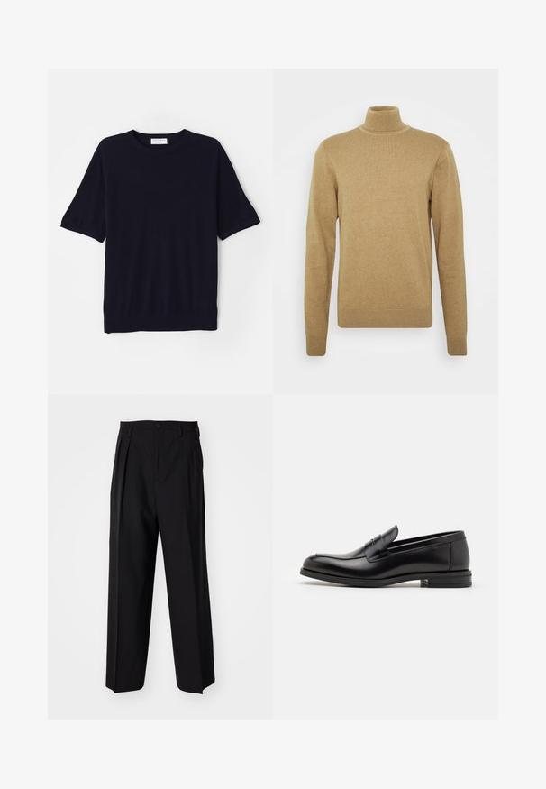 Bēšas krāsas turtlenecka džemperis, izgatavots no mīksta adīta auduma. Tam ir garas piedurknes un pieguļošs dizains. Ribota apakšmala un apkakle piesaista uzmanību.; Tumsas zils īsās piedurknes adīts krekls ar apaļu kakla izgriezumu, maigu tekstūru un brīvu piegriezumu. Iezīmēts ar ribotu apakšmalu un piedurkņu gumijām.; Melnas plisētās bikses ar taisnu, plata kāja dizainu. Izgatavotas no gludas auduma, ar pogu aizdari un jostas cilpiņām.; Melnas ādas kurpes ar gludu tekstūru, noapaļu purngalu un dekoratīvu siksniņu pāri priekšpusei. Zems sakrauts papēdis, minimālisma dizains.