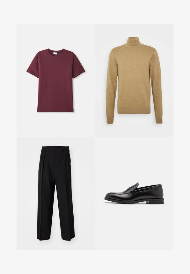 Bēšas krāsas turtlenecka džemperis, izgatavots no mīksta adīta auduma. Tam ir garas piedurknes un pieguļošs dizains. Ribota apakšmala un apkakle piesaista uzmanību.; Burgundijas krāsas kokvilnas T-krekls ar apaļu kakla izgriezumu, īsām piedurknēm un brīvu griezumu. Gluda tekstūra un minimālisma dizains.; Melnas plisētās bikses ar taisnu, plata kāja dizainu. Izgatavotas no gludas auduma, ar pogu aizdari un jostas cilpiņām.; Melnas ādas kurpes ar gludu tekstūru, noapaļu purngalu un dekoratīvu siksniņu pāri priekšpusei. Zems sakrauts papēdis, minimālisma dizains.