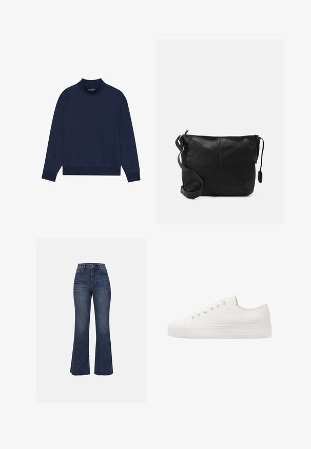 Sudadera de manga larga azul marino con cuello alto, corte holgado, puños y dobladillo acanalados. Confeccionada en una tela suave y lisa, sin patrones.; Anna Field Vaqueros a campana - blue wash; Zapatilla de lona blanca con punta redonda, seis ojales para los cordones, suela de goma texturizada y detalles de costura sutil a lo largo de los lados.; Bolso cruzado de cuero negro con forma plana, acentos de hardware dorado y correa ajustable. Textura suave con detalles de costura mínimos.; Conjunto de cinco pendientes de oro, con distintos diseños: superficies retorcidas, estriadas y lisas en formas de aro y media luna.