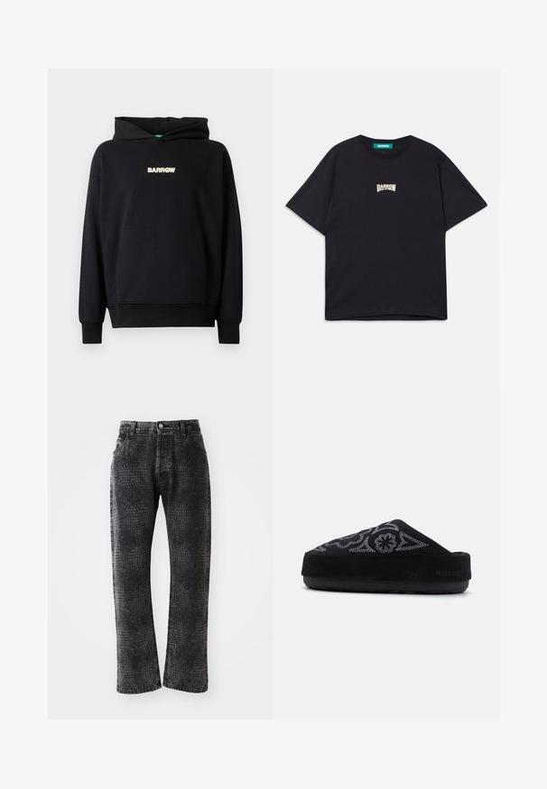 Čierna mikina s kapucňou a prednou vačkou typu klokanka, s rebrovanými manžetami a lemom. Na hrudi sa nachádza logo "BARROW" v svetlo farebnom písmene, umiestnené na stred.; Čierne bavlnené tričko s voľným strihom, s malým bielym logom "BARROW" na hrudi a klasickým okrúhlym výstrihom.; Čierne džínsy s textúrovaným krokodílim vzorom, rovného strihu, s piatimi vreckami a kovovým gombíkom a zipsom.; Čierne semišové slip-on topánky s vyšívaným motívom, zaoblenou špičkou, hrubou podrážkou a nápisom "MOON BOOT" na päte. Štruktúrovaný povrch.