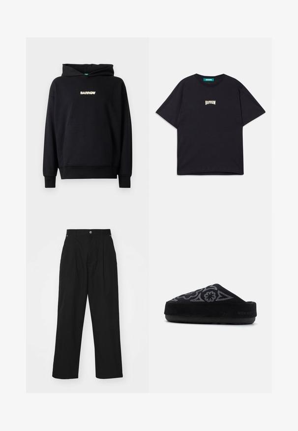 Mustapaita, jossa on etupuolella kengurupussi, ribbireunat hihansuissa ja helmassa. Keskellä rintaa kevytsävyinen "BARROW"-logo.; Mustan puuvillateepaidan rento malli, jossa on pieni valkoinen "BARROW" -logo rinnassa ja klassinen pyöreä kaula-aukko.; Mustat leveälahkeiset housut, jotka on valmistettu kevyestä kankaasta. Sisältää napin kiinnityksen, etupleateet ja kaksi sivutaskua.; Mustat mokkanahkasaappaat, joissa on brodeerattu kuvio, pyöreä kynsi, paksu pohja ja teksti "MOON BOOT" kannassa. Strukturoidun pinta.