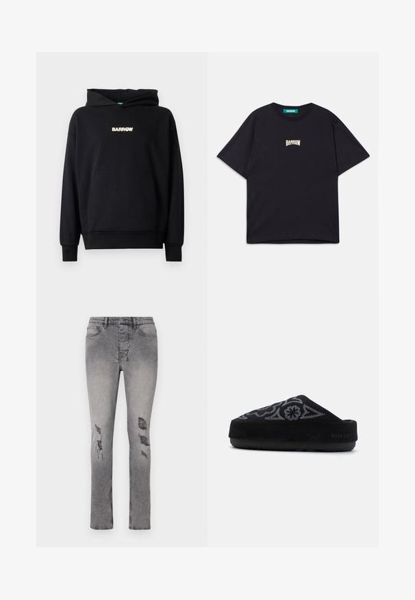 Melna kapuce ar priekšējo kangaroo kabatu, ribotām piedurknēm un apakšējo malu. Saturs "BARROW" logo gaišā krāsā, kas centrēta uz krūtīm.; Melna kokvilnas t-kreklu ar brīvu piegriezumu, ar mazu baltu "BARROW" logo uz krūtīm un klasisku apaļu kakla izgriezumu.; Pelēki džinsi ar šauru piegriezumu un nelielu elastību. Iespējamās izspiedes uz ceļgaliem un klasiskā piecu kabatu dizains.; Melna zamšāda slīdņā kurpe ar izšūtu dizainu, noapaļota purngala, bieza zole un teksts "MOON BOOT" uz papēža. Strukturēta virsma.