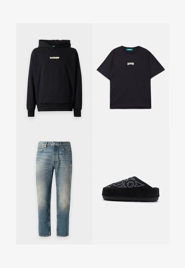 Svart huvtröja med en framficka i känguru-stil, ribbade muddar och nederkant. Har "BARROW"-logotypen i ljust text centrerad på bröstet.; Svart bomulls t-shirt med avslappnad passform, med en liten vit "BARROW"-logotyp på bröstet och klassisk rund halsringning.; Ljust blå denimjeans med rak passform. Har knappstängning, fem fickor och subtila blekta områden samt slitningar vid låren.; Svart mocka slip-on sko med broderad design, rund tå, tjock sula och texten "MOON BOOT" på hälen. Texturerad yta.