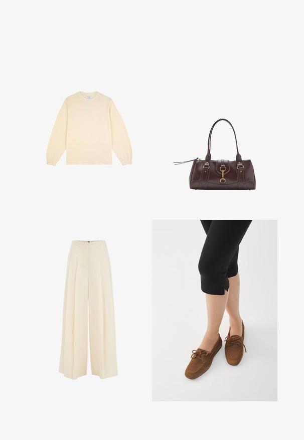 Cremefarbene Langarm-Sweatshirt aus weichem Stoff mit Rundhalsausschnitt und lässiger Passform. Verfügt über gerippte Bündchen und ein einfaches Design.; Weite Hosen aus leicht beigem Stoff, mit plissiertem Vorderdesign, hoher Taille und glatter Textur. Keine sichtbaren Beschläge oder Muster.; Braune Wildleder Slipper mit abgerundetem Zeh, Schnürakzenten und flacher Profil. Getragen mit schwarzen, cropped Leggings vor einem weißen Hintergrund.; Dunkelbraune Lederhandtasche mit zwei oberen Griffen, goldenen Hardware-Akzenten, einem Frontverschluss und gesteppten Texturen an den Seiten.