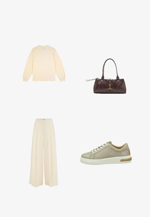 Cream-colored long-sleeve sweatshirt in soft fabric with a round neckline and relaxed fit. Features ribbed cuffs and a simple design.; Wide-leg trousers in light beige fabric, featuring pleated front design, high waist, and smooth texture. No visible hardware or patterns.; camel active Trainers - light taupe; Dark brown leather handbag with two top handles, gold hardware accents, a front clasp detail, and stitched textures on the sides.