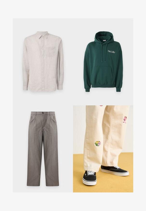 Donkergroene hoodie van zachte stof, met een kangoeroezak, trekkoorden en een wit tekstlogo op de linkerborst.; GAP STANDARD - Overhemd - tonal khaki; Grijs houndstooth-print broek met een recht model, voorzien van plooien, een tailleband met knoopsluiting en zijzakken.; Beige katoenen broek met speelse geborduurde ontwerpen, waaronder een roze figuur en een gekleurd blok, gecombineerd met zwarte veterschoenen.