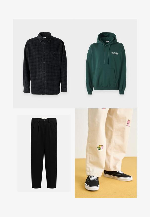 Felpa verde scuro realizzata in morbido tessuto, dotata di tasca a marsupio, cordini e logo in testo bianco sulla parte sinistra del petto.; Camicia a maniche lunghe a quadri nera realizzata in tessuto morbido, con chiusura a bottoni, colletto e taschino sul petto.; Pantaloni neri in morbido tessuto, con design a gamba dritta, pieghe frontali e chiusura con bottone in vita.; Pantaloni di cotone beige con divertenti ricami che includono un personaggio rosa e un blocco colorato, abbinati a sneaker nere con lacci.