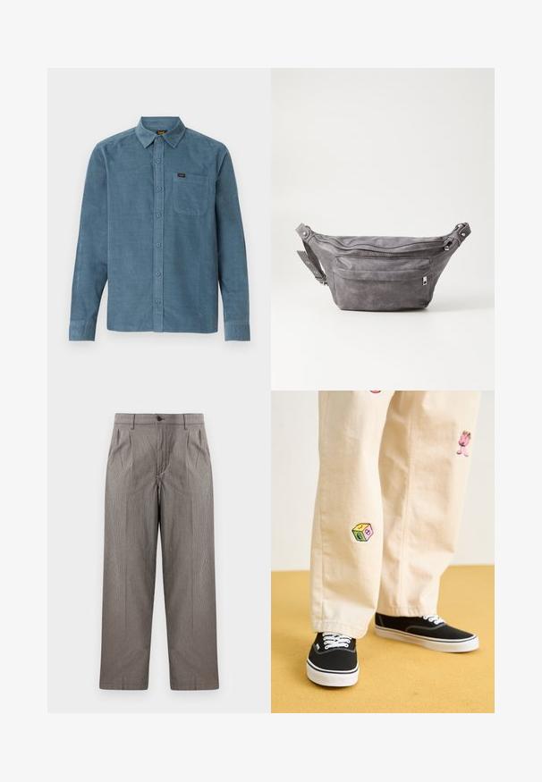 Dark green hoodie made of soft fabric, featuring a kangaroo pocket, drawstrings, and white text logo on the left chest area.; Long-sleeve shirt in blue corduroy, featuring a button-down collar, front pocket, and subtle branding on the pocket.; Gray houndstooth print trousers with a straight-leg design, featuring pleats, a waistband with a button closure, and side pockets.; Beige cotton pants with playful embroidered designs including a pink character and colored block, paired with black lace-up sneakers.; Gray suede fanny pack with a rounded shape, two zippered compartments, and adjustable strap. Features metal hardware accents.