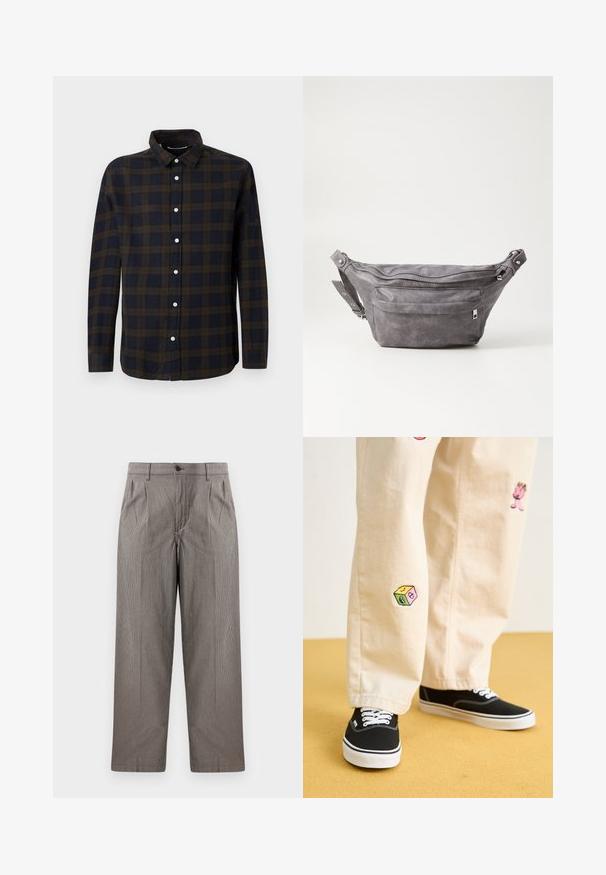 Tummanvihreä huppari, joka on valmistettu pehmeästä kankaasta. Hupparissa on kengurupocket, nyörit sekä valkoinen teksti-logo vasemmassa rintakehässä.; Tummansininen pitkähihainen paita ruskealla ruudullisella kuviolla. Valmistettu pehmeästä kankaasta, jossa on napitettu etuosa ja klassinen kaulus.; Harmaita ruudullisia suoria haalareita, joissa on laskokset, napilla suljettava vyötärö ja sivutaskut.; Beige puuvillahousut leikkisillä brodeeratuilla kuvioilla, mukaan lukien vaaleanpunainen hahmo ja värikäs lohko, yhdistettynä mustiin nauhakengiin.; Harso harmaa samettinen vyölaukku pyöreällä muotoilulla, kahdella vetoketjullisella osastolla ja säädettävällä hihnalla. Varustettu metallisilla varusteilla.