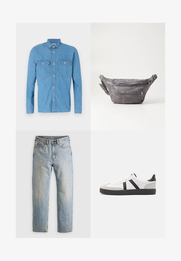 Tume roheline kapuutsiga sviiter, mis on valmistatud pehmest kangast, millel on kenguru tasku, paelad ja valge tekstilogo vasakul rinnakorvil.; Hele helesinine denim-särk, millel on pikad varrukad, nööbid ees, kaks rinna taskut, terav krae ja kuldsed nööbid. Sile tekstuur, lõdva disainiga.; Heledad hele sinine teksapükste kõrge vöökoht, ees nupuga, lukuga ja viie taskuga disain, asetatud tasasele neutraalsele taustale.; Valged tossud mustade ja hallide aktsentidega, tekstureeritud halli varbakattega, musta kummitald ja lamedad valged paelad. Puhtad jooned, minimalistlik stiil.; Hallikate nahast vöö kott, millel on ümar kuju, kaks tõmblukuga taskut ning reguleeritav rihm. Varustatud metallist detailide aktsentidega.