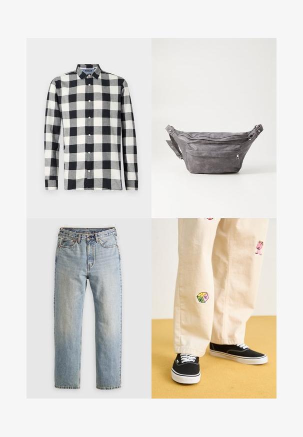 Tmavě zelená mikina z měkké tkaniny, s klokankou, šňůrkami a bílým textovým logem na levé části hrudi.; Košile s dlouhým rukávem v černobílém kostkovaném vzoru, vyrobená z látky s hladkým povrchem. Má límec se zapínáním na knoflíky a knoflíky na přední části.; Svetle modré džíny z denimu s vysokým pasem, předním knoflíkem, zipem a designem s pěti kapsami, ležící rovně na neutrálním pozadí.; Béžové bavlněné kalhoty s hravými vyšívanými vzory, včetně růžové postavičky a barevného bloku, v kombinaci s černými šněrovacími teniskami.; Šedý semišový ledvinka s kulatým tvarem, dvěma zipovými přihrádkami a nastavitelným popruhem. Obsahuje kovové akcenty.
