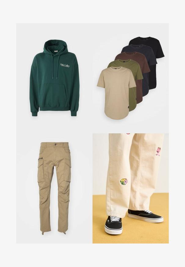 Tmavohnedá mikina z jemnej látky, so klokaniu kapsou, šnúrkami a bielym textovým logom na ľavej strane hrude.; Päť tričiek usporiadaných v gradientných farbách: béžová, olivová, hnedá, tmavomodrá a čierna. Vyrobené z mäkkej bavlny s krátkymi rukávmi a okrúhlym výstrihom.; Khaki cargo nohavice s viacerými bočnými vreckami, gombíkovým pásom, zúženými nohami a mäkkou, odolnou látkou. Po celom obvode sú zosilnené švy.; Béžové bavlnené nohavice s hravými vyšívanými vzormi vrátane ružovej postavy a farebného bloku, skombinované s čiernymi šnurovacími teniskami.