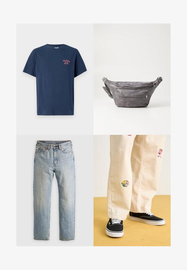 Dark green hoodie made of soft fabric, featuring a kangaroo pocket, drawstrings, and white text logo on the left chest area.; Navy blue cotton t-shirt featuring a crew neck, short sleeves, and a small red graphic on the left chest stating "FOR THE RIDE OF LIFE EST. 1947."; Light blue denim jeans with high waist, front button, zipper, and five-pocket design, laid flat on a neutral background.; Beige cotton pants with playful embroidered designs including a pink character and colored block, paired with black lace-up sneakers.; Gray suede fanny pack with a rounded shape, two zippered compartments, and adjustable strap. Features metal hardware accents.