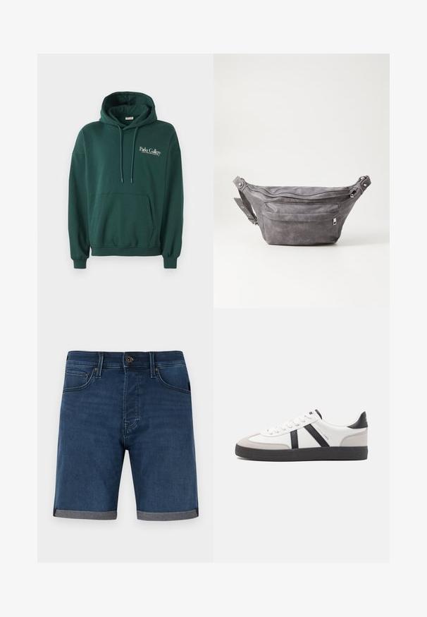 Haut à capuche vert foncé en tissu doux, avec une poche kangourou, des cordons de serrage et un logo en texte blanc sur la poitrine à gauche.; Shorts en denim de couleur bleu foncé avec un ourlet gris replié. Caractéristiques du design classique avec cinq poches et une fermeture à bouton à la taille.; Baskets blanches avec des accents noirs et gris, présentant un embout texturé gris, une semelle en caoutchouc noir et des lacets plats blancs. Design épuré, style minimaliste.; Sac banane en suède gris avec une forme arrondie, deux compartiments zippés et une sangle réglable. Comprend des accents en métal.