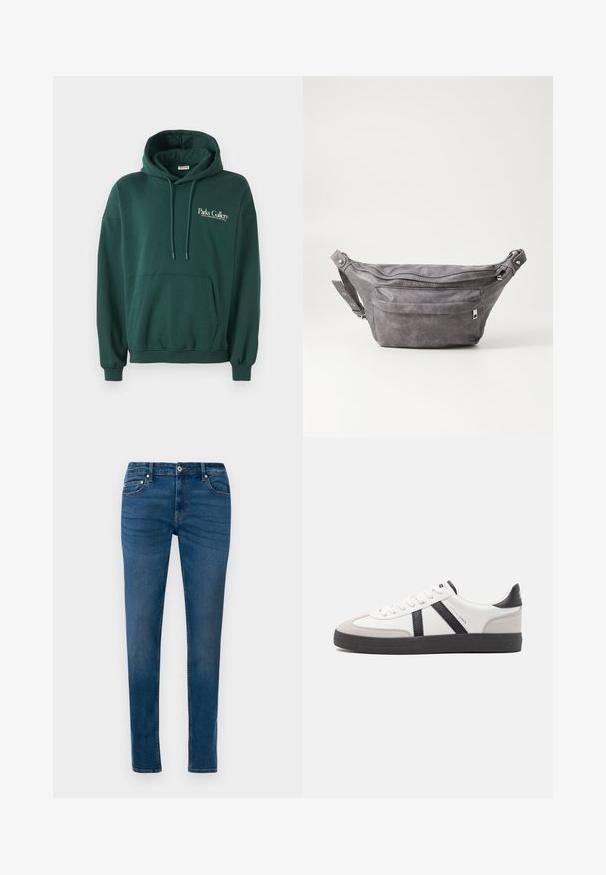 Temno zelena kapuca iz mehke tkanine, z kenguru žepom, vrvicami in belim logotipom na levi strani prsnega koša.; Modre skinny jeans iz denima z sprednjim gumbom, zanke za pas ter sprednjimi in zadnjimi žepi, prikazani proti beli podlagi.; Bela športna obutev z črnimi in sivo akcenti, z teksturirano sivo kapico za prste, črnim gumijastim podplatom in ravnimi belimi vezalkami. Čista zasnova, minimalistični slog.; Sivkasta zamšasta torbica s okroglo obliko, dvema žepoma na zadrgo in nastavljivim trakom. Ima kovinske dodatke.