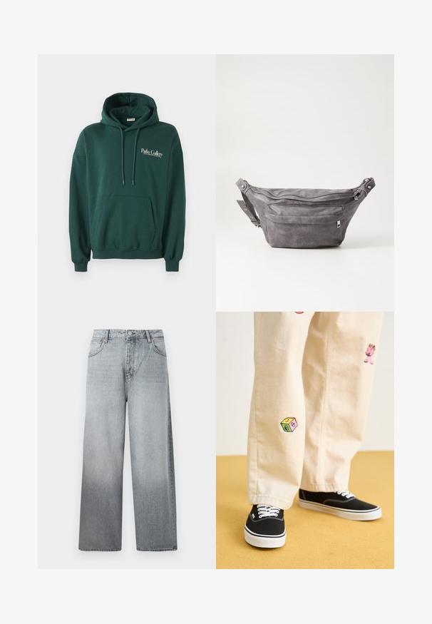 Donkergroene hoodie van zachte stof, met een kangoeroezak, trekkoorden en een wit tekstlogo op de linkerborst.; Lichtgrijze wijde spijkerbroek met een vervaagd effect, voorzien van een knoop- en ritssluiting, vijf zakken en contrasterende stiksels.; Beige katoenen broek met speelse geborduurde ontwerpen, waaronder een roze figuur en een gekleurd blok, gecombineerd met zwarte veterschoenen.; Grijze suède heuptas met een ronde vorm, twee met rits afgesloten compartimenten en een verstelbare band. Voorzien van metalen accenten.