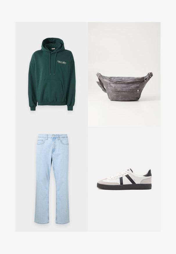 Hanorac de culoare verde închis, realizat dintr-un material moale, având o buzunar tip kangur, șnururi și un logo alb pe partea stângă a pieptului.; Jeans de denim bleu deschis cu tăietură dreaptă, având buzunare frontale, un singur buton argintiu și detalii de cusătură pe șuvite.; Sneaker alb cu accente negre și gri, având un capac de vârf gri texturat, talpă din cauciuc negru și șireturi plate albe. Design elegant, stil minimalist.; Borseta gri din suede, cu o formă rotunjită, două compartimente cu fermoar și curea ajustabilă. Are accente din metal.