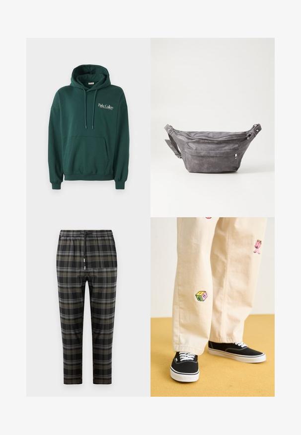 Dark green hoodie made of soft fabric, featuring a kangaroo pocket, drawstrings, and white text logo on the left chest area.; Black plaid pants with gray and olive green patterns. Features an elastic waistband with a drawstring and tapered legs. Soft fabric texture.; Beige cotton pants with playful embroidered designs including a pink character and colored block, paired with black lace-up sneakers.; Gray suede fanny pack with a rounded shape, two zippered compartments, and adjustable strap. Features metal hardware accents.