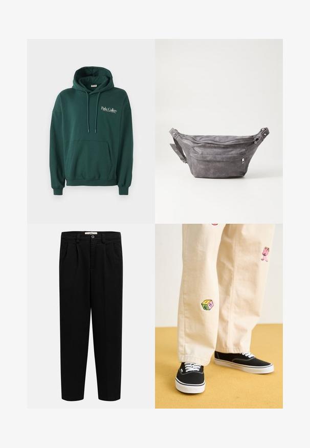 Mørkegrøn hoodie lavet af blødt stof, med en kængurulomme, snoretræk og hvid tekstlogo på venstre brystområde.; Sorte højtaljede bukser med lige ben, bæltestropper, for-plitter, sidelommer og knaplukning i taljen.; Beige bomuldsbukser med legende broderede designs, herunder en lyserød karakter og farvede blokke, parret med sorte snørebåndssneakers.; Grå suedefanny pack med en rund form, to lynlåslommer og justerbart strop. Har metalhardware detaljer.