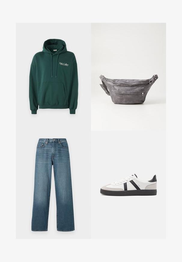 Tamsiai žalios spalvos džemperis, pagamintas iš minkštos medžiagos, su kengūros kišene, raišteliais ir balta teksto reklama kairėje krūtinės pusėje.; Platus džinsinis tamsiai mėlynas kelnes su mygtuko uždarymu, diržo kilpelėmis ir nušvytusia tekstūra. Turi penkias kišenes ir kontrastingą siuvinėjimą.; Balti sportbačiai su juodais ir pilkais akcentais, pasižymintys tekstūruotu pilku pirštų dangteliu, juoda gumine padais ir plokščiomis baltomis raišteliais. Švarus dizainas, minimalistinis stilius.; Pilkas suedes fanny pack'as apvalios formos, su dviem užtraukiamais skyreliais ir reguliuojama diržele. Yra metaliniai aksesuarai.