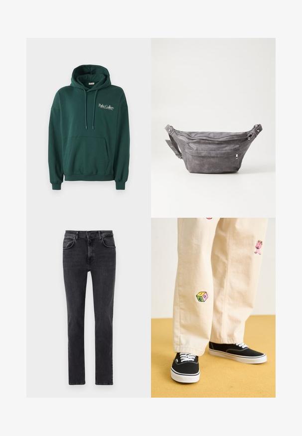 Sudadera de color verde oscuro hecha de un tejido suave, con un bolsillo canguro, cordones y un logo de texto blanco en la parte izquierda del pecho.; Jeans de mezclilla negra con un diseño de pierna recta, estilo de cinco bolsillos y un ligero desvanecimiento. Hechos de una suave y flexible tela de algodón.; Pantalones de algodón beige con divertidos diseños bordados que incluyen un personaje rosa y un bloque de color, combinados con zapatillas negras de cordones.; Riñonera de ante gris con forma redondeada, dos compartimentos con cremallera y correa ajustable. Presenta acentos de metal.