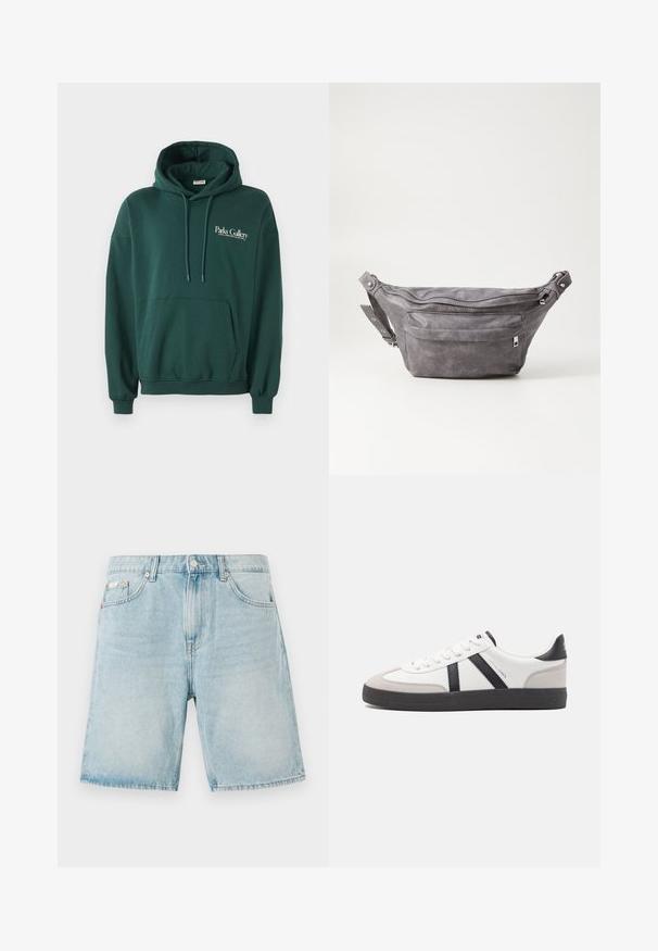 Tamsiai žalios spalvos džemperis, pagamintas iš minkštos medžiagos, su kengūros kišene, raišteliais ir balta teksto reklama kairėje krūtinės pusėje.; Šviesiai mėlyni džinsiniai šortai su laisva prigimtimi, turintys priekinės kišenės, mygtuko užsegimą ir minimalų nudėvėjimą.; Balti sportbačiai su juodais ir pilkais akcentais, pasižymintys tekstūruotu pilku pirštų dangteliu, juoda gumine padais ir plokščiomis baltomis raišteliais. Švarus dizainas, minimalistinis stilius.; Pilkas suedes fanny pack'as apvalios formos, su dviem užtraukiamais skyreliais ir reguliuojama diržele. Yra metaliniai aksesuarai.