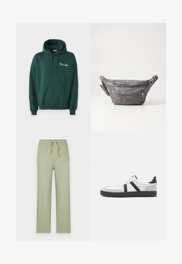Tumši zaļš kapuce, kas izgatavota no mīksta auduma, ar kangaroo kabatu, auklītēm un baltu teksta logo uz kreisā krūšu apgabala.; Gaiši olīvzaļi bikses, izgatavotas no mīksta auduma. Tām ir elastīga josta ar auklu un taisnas, brīva piegriezuma kājas.; Baltas sneakeris ar melniem un pelēkiem akcentiem, kuram ir teksturēts pelēks purngals, melna gumijas zole un plakanas baltas šņores. Tīrs dizains, minimālisma stils.; Pelēks zamšādas jostas somiņa ar noapaļotu formu, divām kabatām ar rāvējslēdzējiem un regulējamu siksnu. Iekļauj metāla aksesuārus.