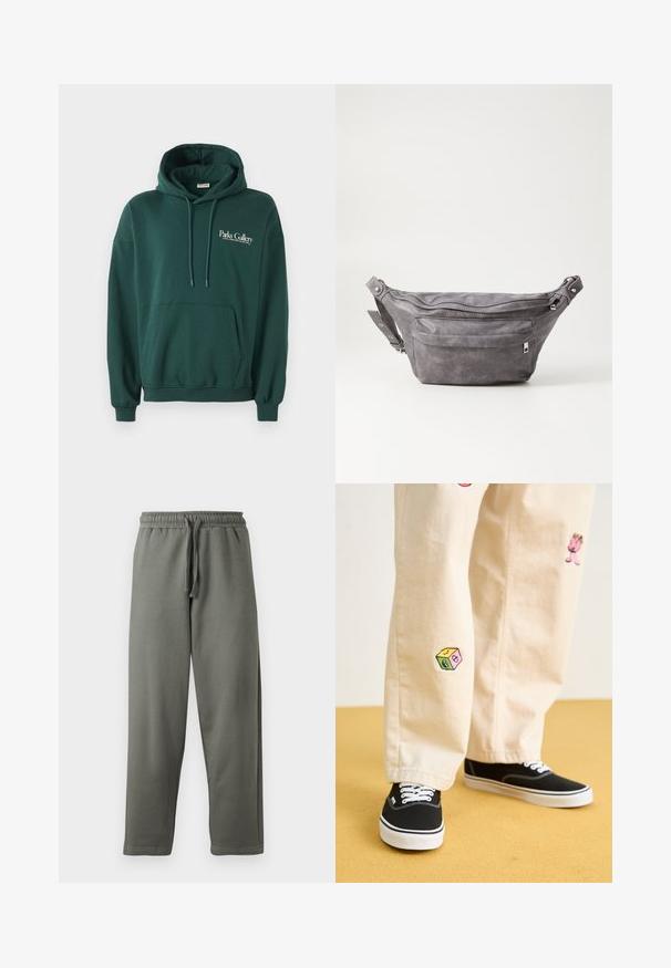 Dark green hoodie made of soft fabric, featuring a kangaroo pocket, drawstrings, and white text logo on the left chest area.; Gray sweatpants made of soft fabric with an elastic waistband and drawstring; features a straight-leg cut and minimal stitching details.; Beige cotton pants with playful embroidered designs including a pink character and colored block, paired with black lace-up sneakers.; Gray suede fanny pack with a rounded shape, two zippered compartments, and adjustable strap. Features metal hardware accents.
