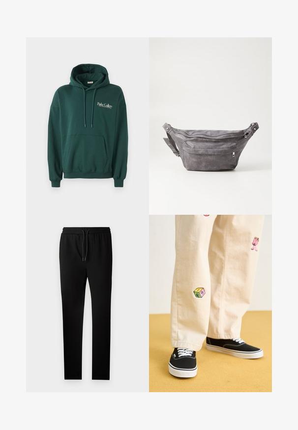 Tamnozeleni dukserica od mekog materijala, s kengur džepom, podešavanjima na kapuljači i bijelim logotipom na lijevoj strani prsnog područja.; Crne joggersice s krojem prilagođenim tijelu, elastičnim pojasom i vezicom. Izrađene od mekog materijala s glatkom teksturom i bez vidljivih uzoraka.; Bež pamuk hlače s razigranim izvezenim dizajnima, uključujući ružičasti lik i obojene blokove, uparene s crnim vezicama za cipele.; Siva zamšasta torbica preko struka sa zaobljenim oblikom, dva zip zatvorena odjeljka i podesivim remenom. Sadrži metalne naglaske.