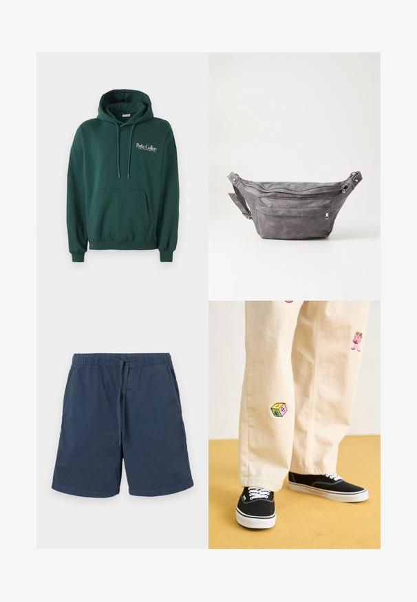 Mørkegrønn hettegenser laget av mykt stoff, med kengurulomme, snorer og hvit tekstlogo på venstre brystområde.; Mørkeblå bomullsshorts med elastisk midje og snøring. Har sidelommer og rett snitt.; Beige bomullsbukser med lekne broderte design, inkludert en rosa karakter og fargede blokker, kombinert med svarte snørebåndssko.; Grå semsket fanny pack med avrundet form, to glidelåslommer og justerbar stropp. Har metallbeslag som detaljer.