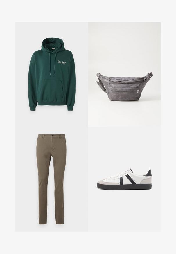 Temno zelena kapuca iz mehke tkanine, z kenguru žepom, vrvicami in belim logotipom na levi strani prsnega koša.; Svetlozeleni uski krojevi hlače s petljama za remen, prednjim dugmetom, zatvaračem i bočnim džepovima, prikazane na beloj pozadini.; Bela športna obutev z črnimi in sivo akcenti, z teksturirano sivo kapico za prste, črnim gumijastim podplatom in ravnimi belimi vezalkami. Čista zasnova, minimalistični slog.; Sivkasta zamšasta torbica s okroglo obliko, dvema žepoma na zadrgo in nastavljivim trakom. Ima kovinske dodatke.